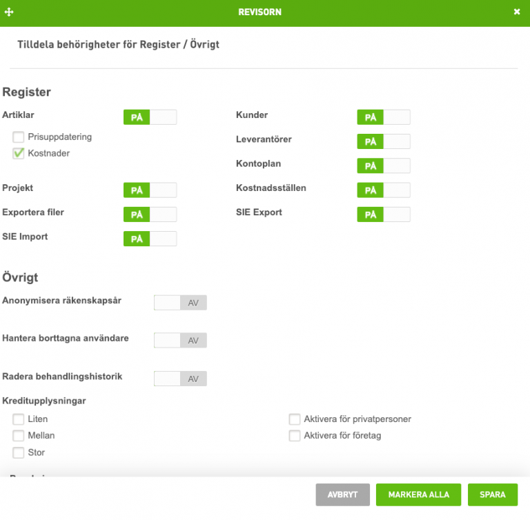 Fortnox behörighetsinställningar för Register/övrigt – markerade rutor för revisorn