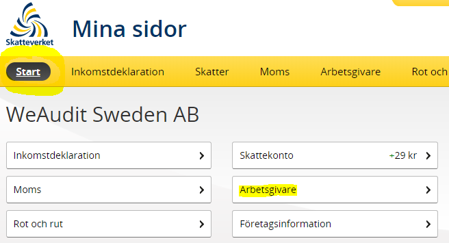 Skatteverkets startsida med fliken Arbetsgivare markerad